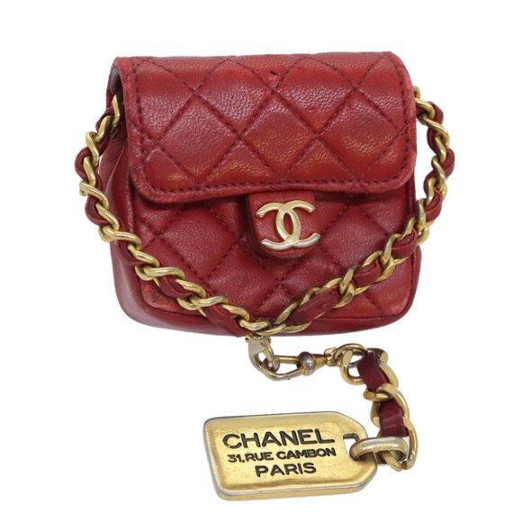 CHANEL Mini Matelasse Chain Pouch Lamb Skin Red Gold CC - Picture 1 of 15